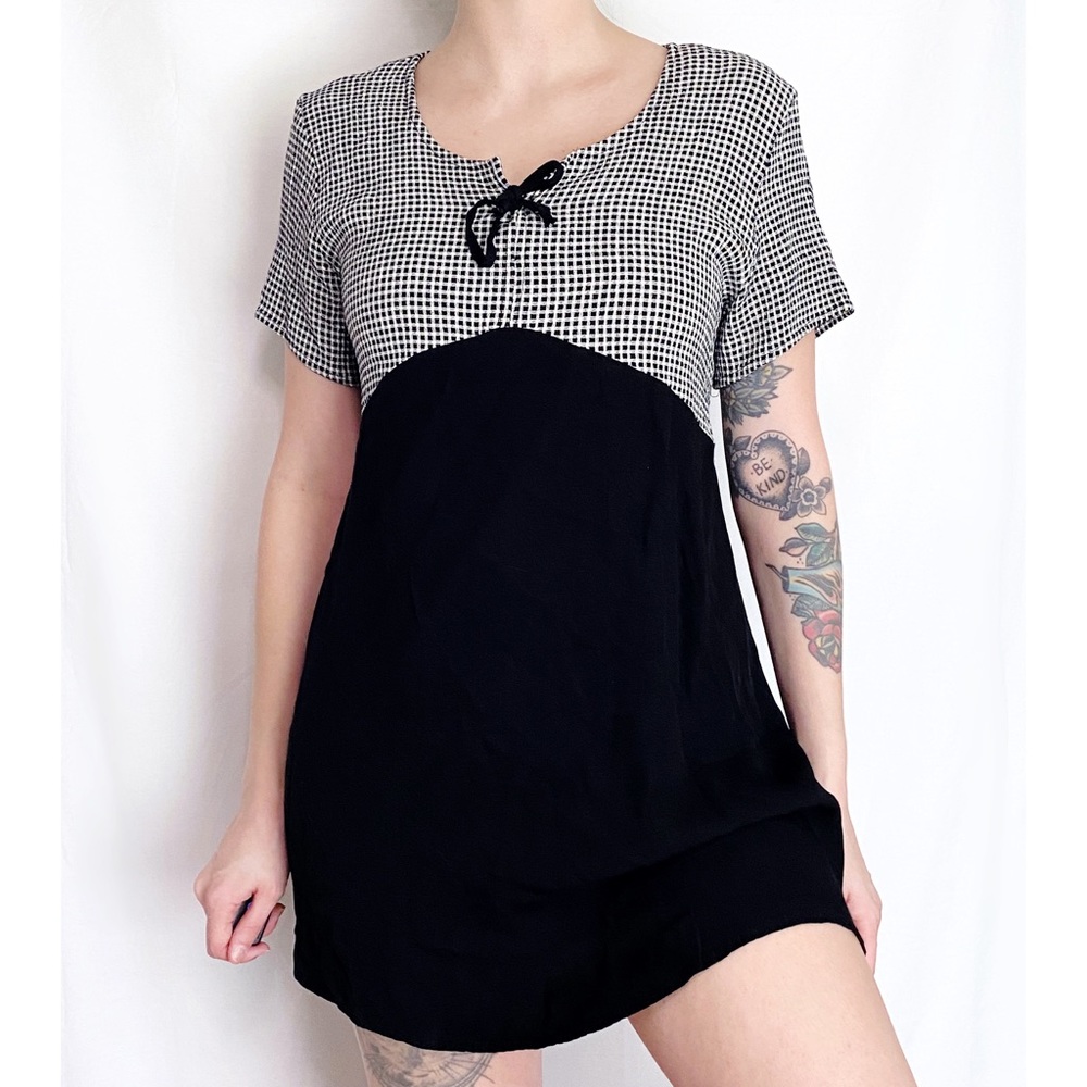 SOLD ⢠Vintage Gingham Black + White Checkered Tunic Mini Babydoll Dress - Picture 1 of 9